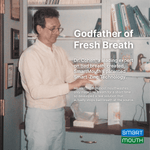 Vintage-style photo of a man in an office setting with overlaid text calling him the 'Godfather of Fresh Breath' and SmartMouth logo.