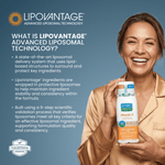 Smiling person holding a SmartMouth Lipovantage Vitamin C mouthwash bottle beside text describing Lipovantage technology
