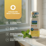 SmartMouth Morning bottle on a windowsill with infographic callouts highlighting B12 & L-Carnitine benefits