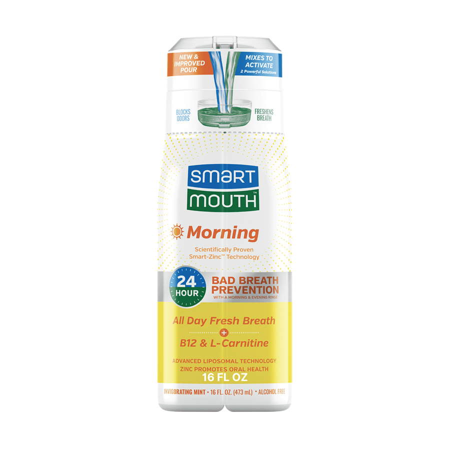 SmartMouth Morning dual-solution mouthwash bottle with yellow label and activator cap on white background