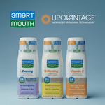 Three SmartMouth bottles (Evening, Morning, Vitamin C) standing side by side with SmartMouth and Lipovantage logos above