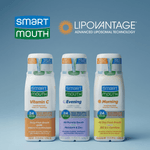 Product lineup image showing three SmartMouth bottles (Vitamin C, Evening, Morning) with SmartMouth and Lipovantage logos