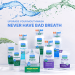 Array of SmartMouth products including toothpaste, mouthwash and single packs against a white backdrop with blue and green splash graphics.