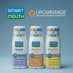 Three SmartMouth Lipovantage mouthwash bottles (Evening, Vitamin C, Morning) shown with SmartMouth and Lipovantage logos