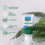 SmartMouth toothpaste tube standing on a wet surface with fern fronds and icons listing enamel strength, whitening and zinc benefits.
