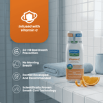 SmartMouth Vitamin C mouthwash bottle displayed on a tiled bathroom counter with icons and an orange callout