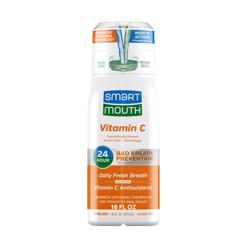Front-facing SmartMouth Vitamin C dual-solution mouthwash bottle with orange label and 24-hour claim
