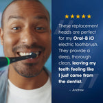 Lifestyle crop of a smiling man brushing with an electric toothbrush beside a testimonial panel praising Oral‑B iO replacement heads