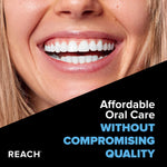 Close-up promotional image of a smiling mouth showing white teeth with Reach branding and text about affordable oral care