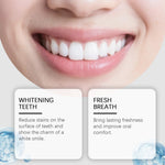 Close-up of a smiling mouth with white teeth above two callout boxes for whitening and fresh breath benefits