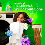 Lifestyle image of a smiling person hugging a towel in front of a washer with Gain bottle and text about working in all machines