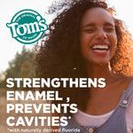 Smiling person in sunlight with Tom’s of Maine logo and text claiming the product strengthens enamel and prevents cavities