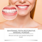 Close-up smiling lower face and teeth with circular zoom inset highlighting bright white teeth above product name text panel