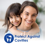 Smiling woman with child over her shoulders and a blue icon with text 'Protect Against Cavities' at bottom