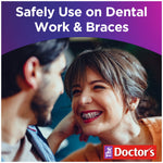 Close crop of smiling woman with braces next to a headline about safe use on dental work and The Doctor’s logo