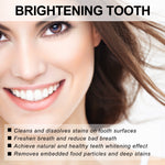 Close-up of a smiling woman with text overlay 'Brightening Tooth' and checklist of teeth-cleaning benefits