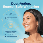 Smiling woman next to a dual-action Venn diagram highlighting 10% nano-hydroxyapatite and a mineral-rich oil-based whitening system.