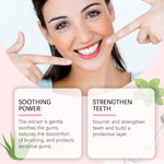 Smiling woman pointing at her teeth above two text panels describing soothing power and strengthening teeth benefits with mint and aloe graphics.