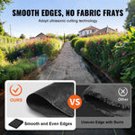 Comparative infographic showing smooth ultrasonic-cut edge of black landscape fabric versus frayed uneven edge of other fabric