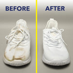 Before-and-after split image of a white sneaker with heavy staining on the left and a visibly cleaner white sneaker on the right.