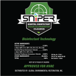 Black product label with SNiPER logo, disinfectant technology header and an ingredients panel in white text