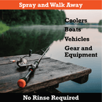 Fishing rod on a wooden dock over calm water with overlaid text 'Spray and Walk Away' and uses listed like coolers, boats, vehicles, gear and equipment.