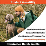 Lifestyle graphic of a bearded man kneeling with a hunting dog in tall grass and text highlighting product versatility for hunting, fishing, camping.