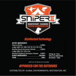 Black label graphic featuring Sniper II logo, active ingredient panel listing chlorine dioxide and quaternary ammonium compounds.