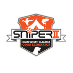 Sniper II logo on white background showing shield with tent, flying game birds, fish silhouette and 'Disinfectant • Cleanser • Odor Eliminator' text.