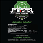 Black product label featuring the SNiPER logo, 'Disinfectant Technology' header and an active ingredients list