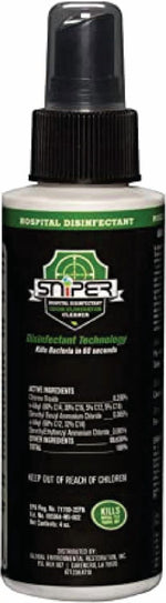 Close-up of a black spray pump and bottle label showing the SNiPER logo and disinfectant product text