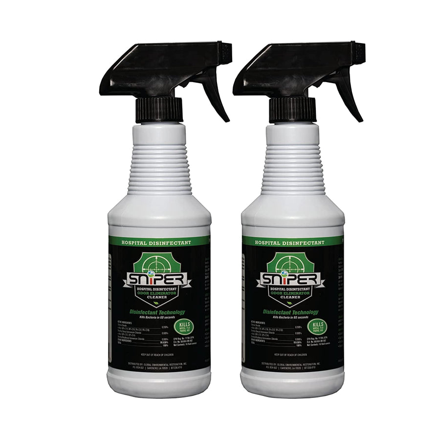 Two white spray bottles with black triggers showing Sniper hospital disinfectant labels side by side on white background