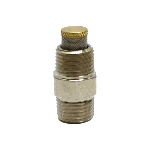 Close-up of a threaded metal water micron nozzle with a fine mesh screen and knurled brass cap on white background
