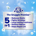Graphic panel reading 'The Snuggle Promise 5 in 1' listing benefits on a blue floral background