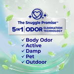 Graphic panel reading The Snuggle Promise 5 in 1 odor elimination technology with checklist and floating leaves