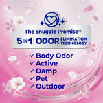 Pink infographic panel reading “The Snuggle Promise 5 in 1 Odor Elimination Technology” with checkmarks and floral accents