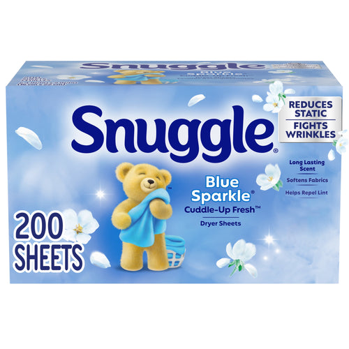 Snuggle Blue Sparkle Cuddle-Up Fresh dryer sheets box with teddy bear and floral graphics and '200 SHEETS' text