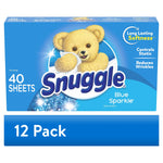 Blue Snuggle box with teddy bear logo and '40 sheets' text, Blue Sparkle dryer sheets packaging