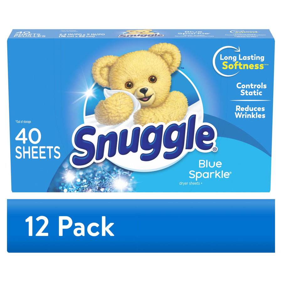 Blue Snuggle box with teddy bear logo and '40 sheets' text, Blue Sparkle dryer sheets packaging