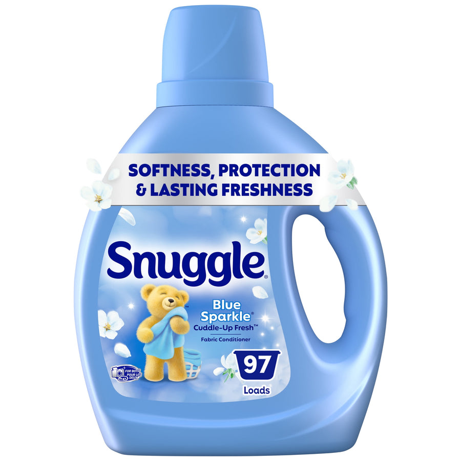 Blue Snuggle bottle of Blue Sparkle fabric conditioner with bear mascot and '97 Loads' label on white background