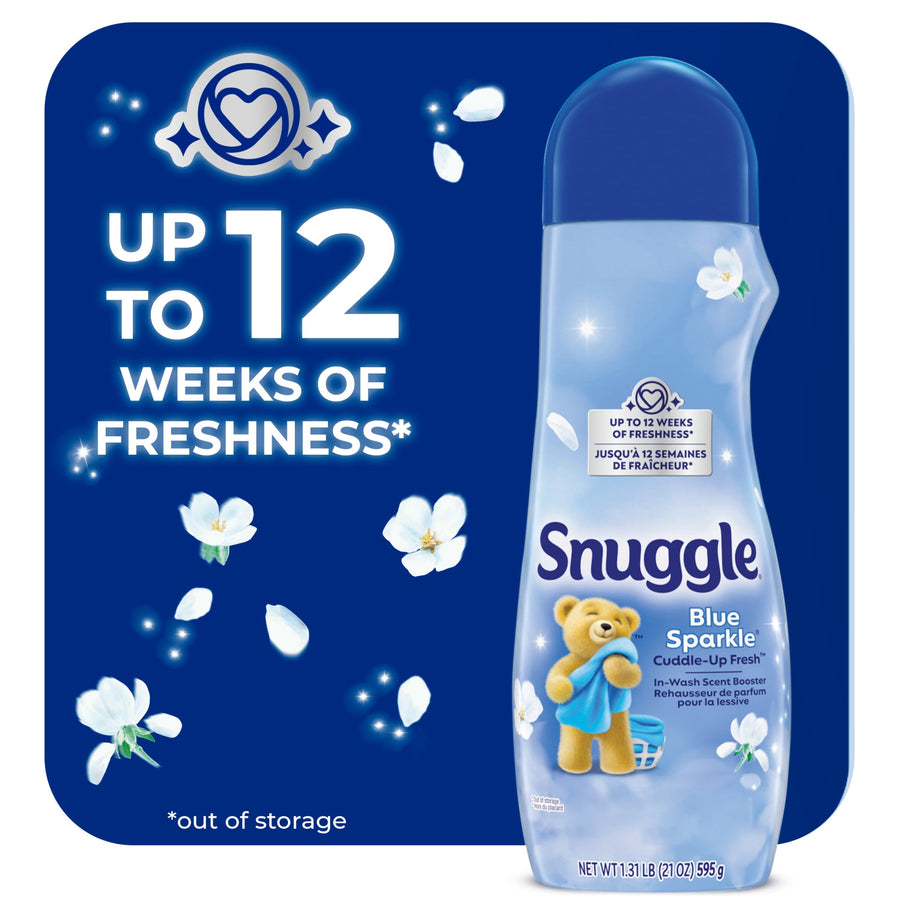 Bottle of Snuggle Blue Sparkle Cuddle-Up Fresh scent booster shown against a dark blue background with flowers and “Up to 12 weeks of freshness” text.