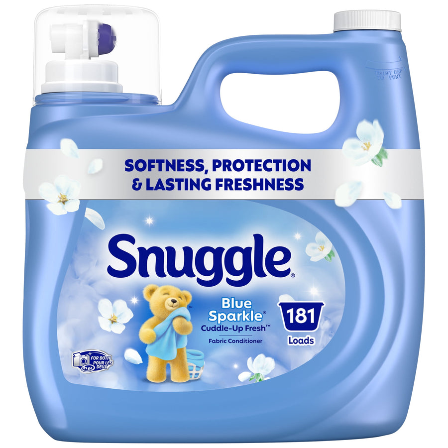 Front-facing blue Snuggle liquid fabric softener jug with bear logo and 181 loads badge