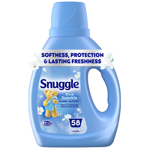 Front-facing Snuggle Blue Sparkle liquid fabric softener bottle with logo, teddy mascot and 58 loads badge on white background.