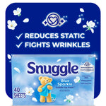 Promotional panel showing Snuggle Blue Sparkle box with floral accents and 'reduces static' text