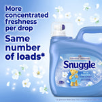 Close-up of Snuggle Blue Sparkle jug with dispenser and text about more concentrated freshness per drop