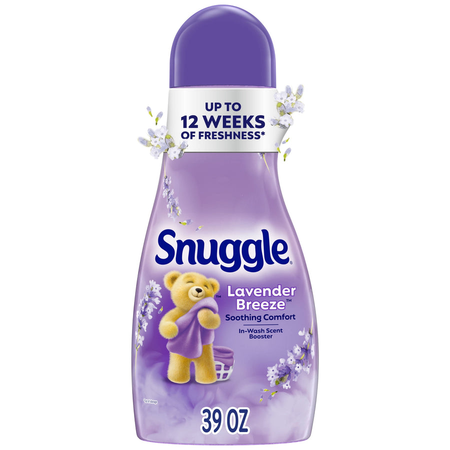 Front-facing Snuggle Lavender Breeze in-wash scent booster bottle with teddy bear and 39 oz label on purple packaging.