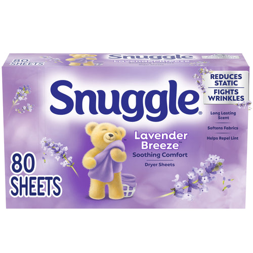 Purple Snuggle Lavender Breeze dryer sheets box with bear mascot and lavender graphics, labeled 80 sheets