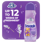 Purple promotional graphic showing a Snuggle Lavender Breeze scent booster bottle with lavender sprigs and text claiming up to 12 weeks of freshness