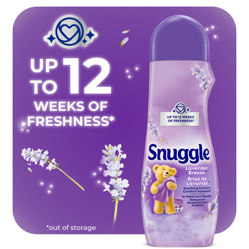 Purple promotional graphic showing a Snuggle Lavender Breeze scent booster bottle with lavender sprigs and text claiming up to 12 weeks of freshness