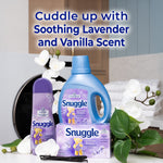 Lifestyle scene of Snuggle laundry products including scent booster, detergent and dryer sheets with text about soothing lavender and vanilla scent